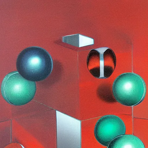 Prompt: chrome spheres on a red cube by william mason brown