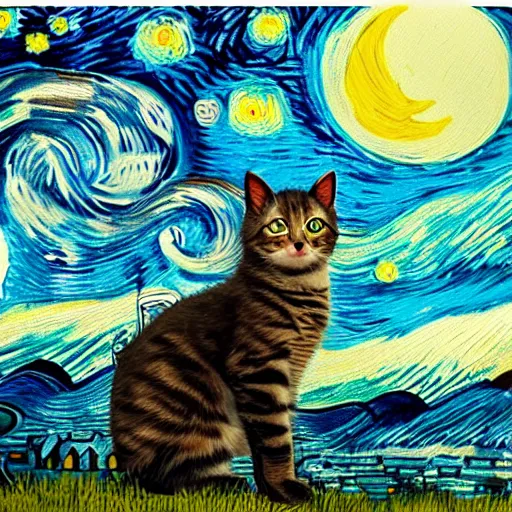 Prompt: kittens staring at moon in van goh a starry night