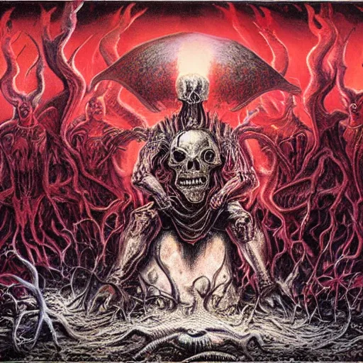 Image similar to a death metal album cover art depicting benjamin netanyahu as a hellish overlord, by wayne barlowe