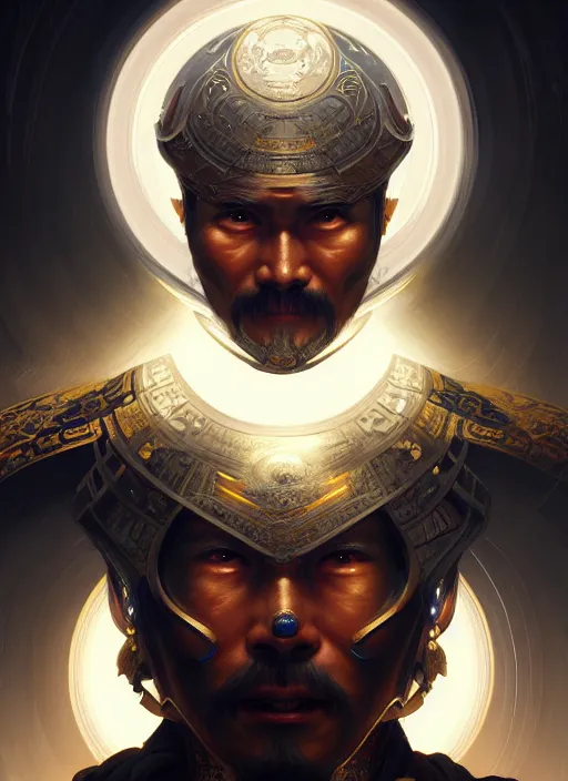 Image similar to symmetry!! portrait of old chinese warrior, tech wear, glowing lights!! intricate, elegant, highly detailed, digital painting, artstation, concept art, smooth, sharp focus, illustration, art by artgerm and greg rutkowski and alphonse mucha