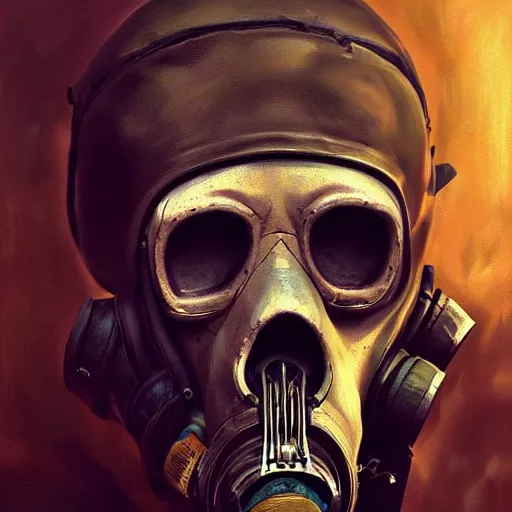 Image similar to a portrait painting of a skull wearing a gasmask, digital painting, hyper realistic, very detailed, in the style of greg rutkowski,