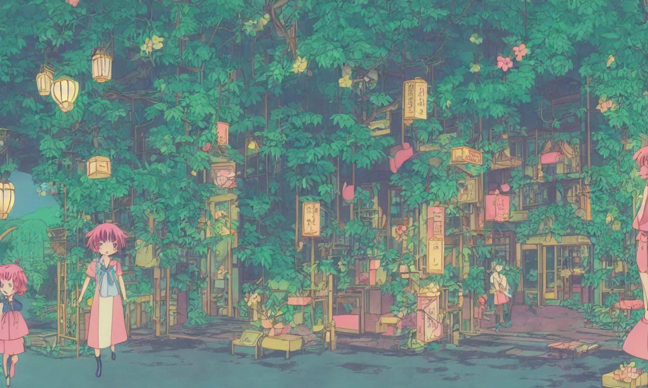 Prompt: A cute aesthetic still frame from an 80's anime, magic bookshop with lush plants, magic details, waterfall, lanterns