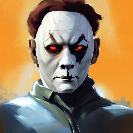 Image similar to greg manchess portrait painting of michael myers as overwatch character, medium shot, asymmetrical, profile picture, organic painting, sunny day, matte painting, bold shapes, hard edges, street art, trending on artstation, by huang guangjian and gil elvgren and sachin teng