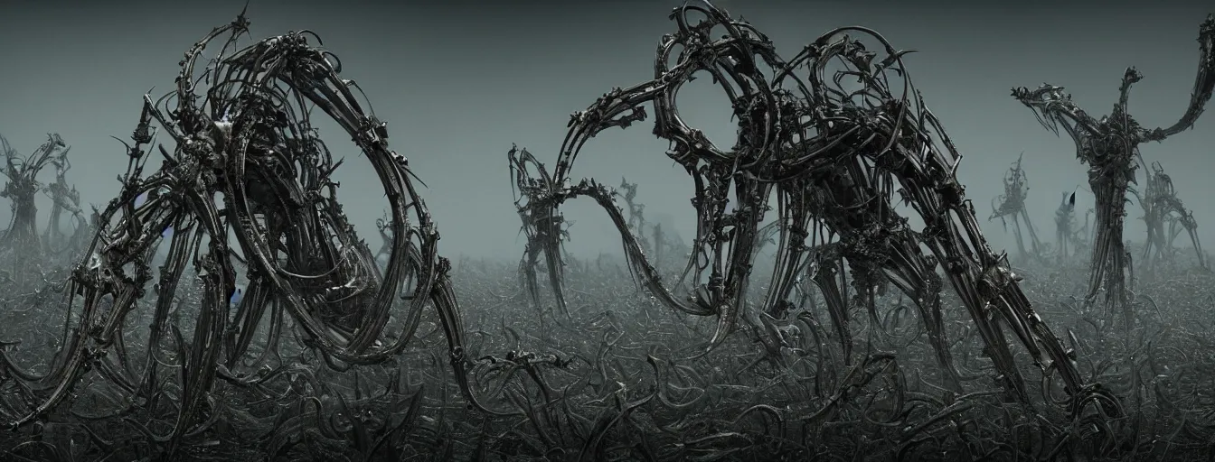 Image similar to fields of the impaled, broken biomechanical, intricate artwork masterpiece, ominous, dramatic horror cinematic lighting, volumetric 8 k, elden ring, by h. r. giger, darius zawadzki, karol bak, brian froud, trending on cgsociety, octane render, 8 k