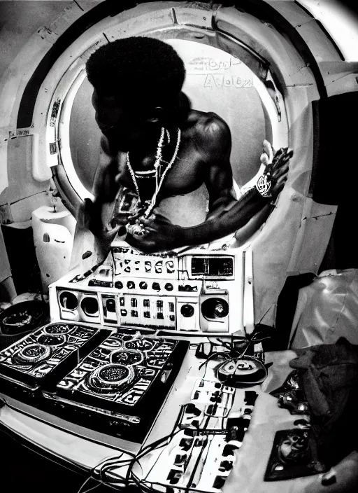 Prompt: a analogue photo of an African tribal dj performing on a spaceship, planet earth can be seen from porthole, black & white, wide angle, grungy