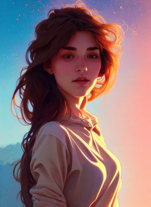 Image similar to handsome young women with shoulder length brown hair, half body shot, path traced, highly detailed, high quality, digital painting, alena aenami, lilia alvarado, shinji aramaki, karol bak, alphonse mucha, tom bagshaw