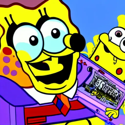 Image similar to spongebob plying games on computer, computer art