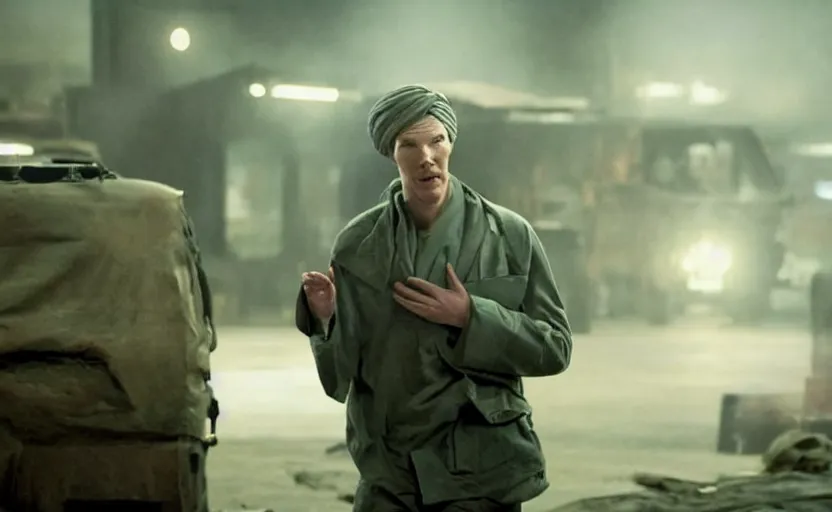 Prompt: Benedict Cumberbatch as Osama Bin Laden in 'Bin Bin' (2025), movie still frame, oscar nominated cinematography, volumetric lighting, 8k resolution, beautiful composition