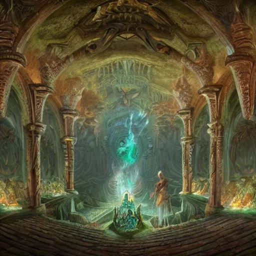 Prompt: a beautiful highly - detailed matte painting of the inside of a tall ancient emerald encrusted catacombs by peter mohrbacher and alex grey and james jean and lee madgwick and gregory crewdson, richly decorated emerald encrusted walls, lit by torches, highly - detailed interior, featured on artstation and conceptartworld, ultrawide angle