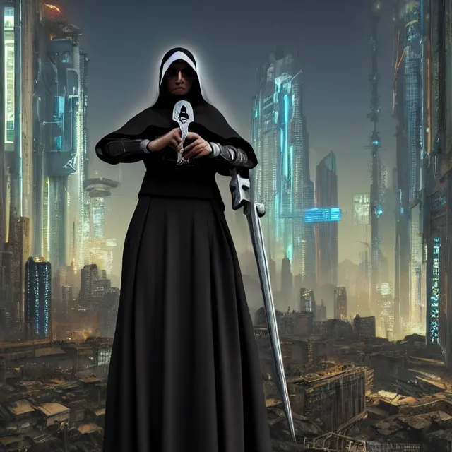 Prompt: cyberpunk nun warrior, highly detailed, 4 k, hdr, smooth, sharp focus, high resolution, award - winning photo, anne stokes, photorealistic