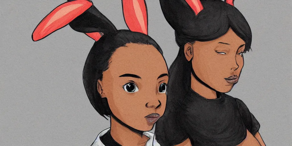 Image similar to women, dark skin, ginger, cartoon, sweatshirt, concept art, concept art, bunny ears,