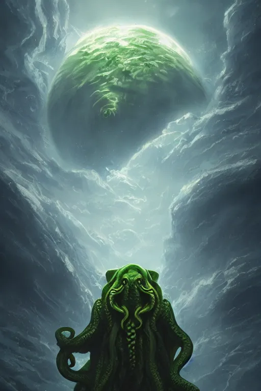 Image similar to cthulhu in space looking at earth, larger than earth, huge, towering, gigantic, high octane, 8 k, digital art, magic the gathering, mtg, by greg rutkowski, trending on artstation