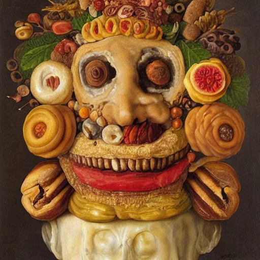 Image similar to a head made out of pastries and cakes by giuseppe arcimboldo, oil on canvas