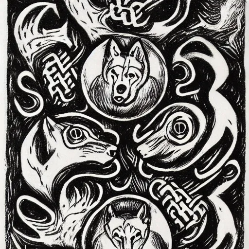 Image similar to wolf with three heads iconography old occult runes intaglio etching engraving alchemy ink witchcraft