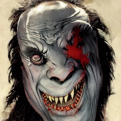 Image similar to horrific monster makeup grinning one-eyed grimpunk vile reprobate portrait portrait Cyclops Cyclops Polyphemus nosferatu with tombow norman rockwell greg rutkowski frank frazetta alexandre briclot Dave Dorman splatterpaint