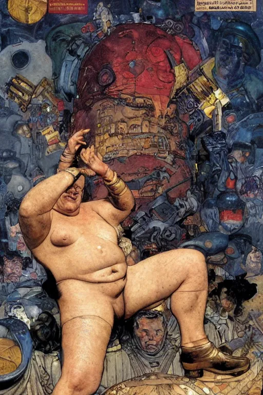 Image similar to baron harkonnen, plain background, painted by jack kirby, lawrence alma tadema, norman rockwell, greg staples, wayne barlow, neville page