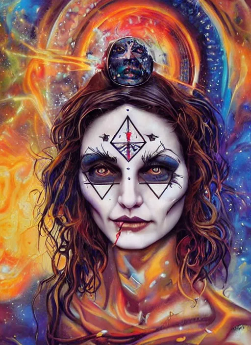 Prompt: gorgeous magic cult psychic woman smiling, third eye, subjective consciousness psychedelic, epic surrealism expressionism symbolism, story telling, iconic, dark robed, oil painting, symmetrical face, dark myth mythos, by Sandra Chevrier, Peter Kemp masterpiece