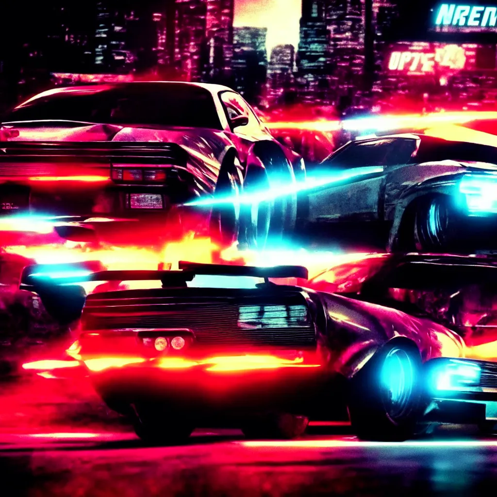 Image similar to need for speed underground 2, single car, drifting, vhs aesthetic, 9 0 s aesthetic, nice lighting, retrowave,