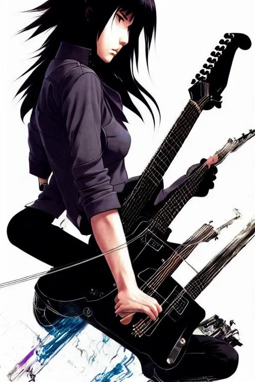 Prompt: wide view of a dark haired rock chick with guitar. Sharp fine face playing guitar, pretty face, realistic shaded Perfect face, fine details. Anime. by makoto sinkai, katsuhiro otomo ghost in the shell movie scene, magali villeneuve, artgerm, rutkowski