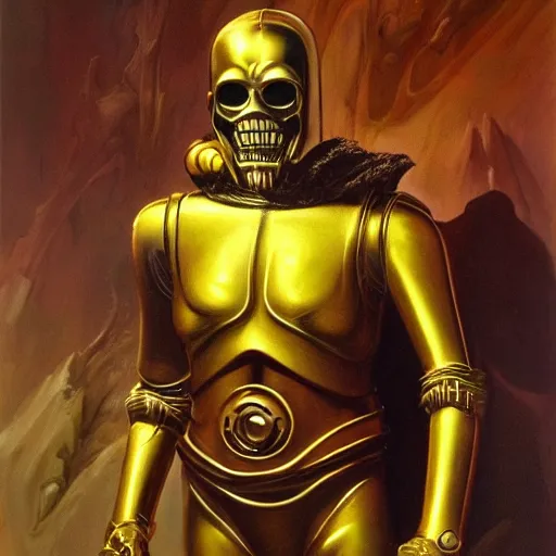 Image similar to ultra realistic portrait painting of skeletor as c 3 po, art by frank frazetta, 4 k, ultra realistic, highly detailed, epic lighting