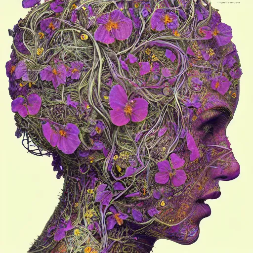 Prompt: the head of an incredibly elegant and pretty girl partially made of potatoes and violets, an ultrafine detailed illustration by james jean, final fantasy, intricate linework, bright colors, behance contest winner, vanitas, angular, altermodern, unreal engine 5 highly rendered, global illumination, radiant light, detailed and intricate environment