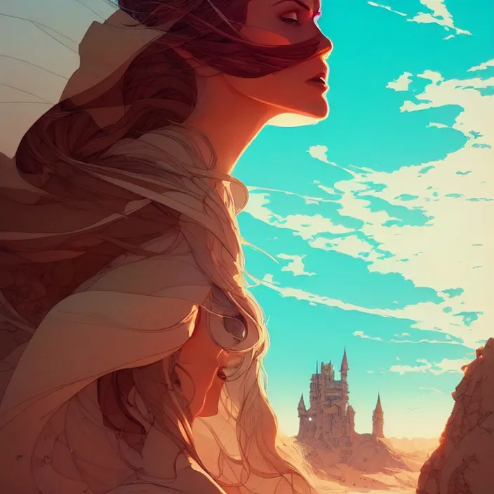 Image similar to style artgerm, joshua middleton, conrad roset, a giant brown stone castle in the desert, very long spires, sand swirling, detailed, ocean background setting, volumetric lighting