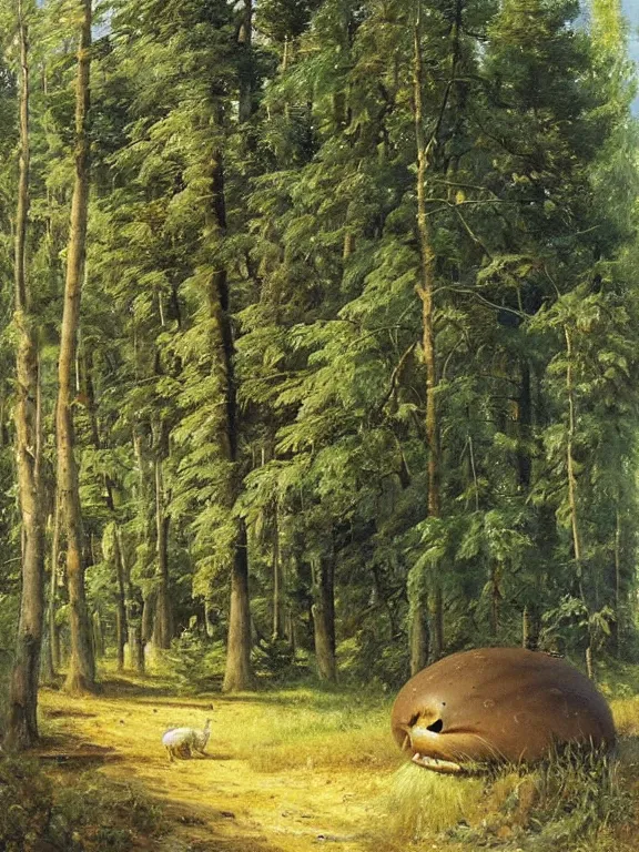 Image similar to Ivan Shishkin painting of a beautiful burger as a wild animal hiding at forest, beautiful lighting, sunny, summer, painting Ivan Shishkin