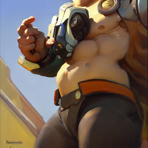 Image similar to Greg Manchess portrait painting of Richard Beebo Russell as Overwatch character, medium shot, asymmetrical, profile picture, Organic Painting, sunny day, Matte Painting, bold shapes, hard edges, street art, trending on artstation, by Huang Guangjian and Gil Elvgren and Sachin Teng