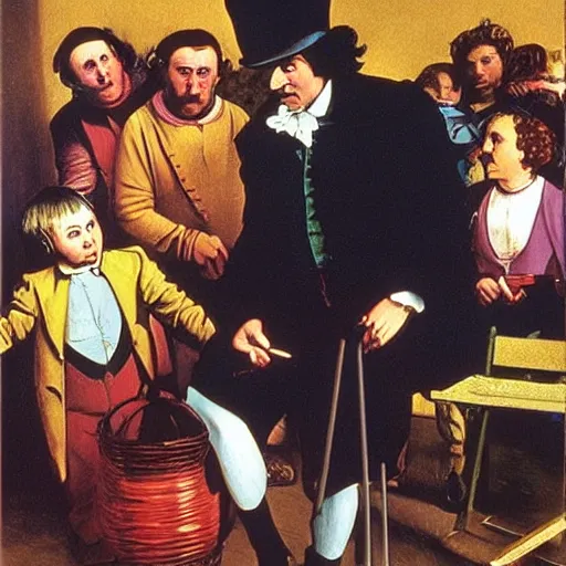 Image similar to Willy Wonka in Charlie and the Chocolate Factory painted by Caravaggio. High quality.