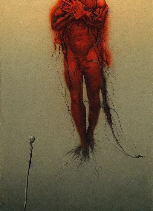 Image similar to Painting in a style of Beksinski featuring Vladimir Putin. Suffering and pain