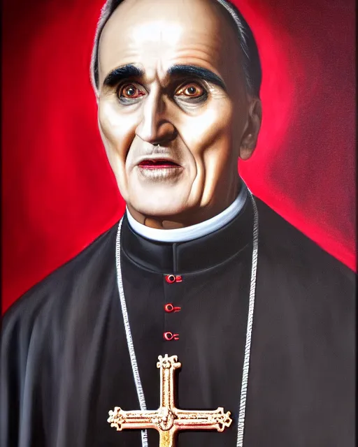 Image similar to photorealist painting of demonic catholic cardinal aloysius stepinac, gothic, horror, vivid dark colors, high production value, intricate details, high resolution, hyperrealistic, hdr, high definition, masterpiece, ultra realistic, highly detailed, hd, sharp focus, non blurry, sharp, smooth