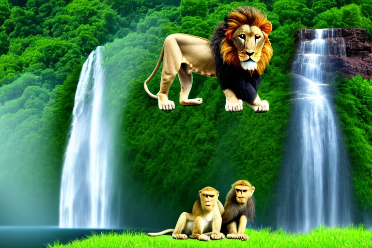 Image similar to two animals : a lion and a monkey, sitting in a meadow with a waterfall in the background, many details, high quality, 8 k