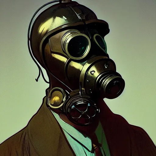 Image similar to portrait of a vicotrian man in suit wearing a gas mask by darek zabrocki, alphonse mucha, simon stalenhag and cinematic and atmospheric, concept art, artstation, trending on artstation