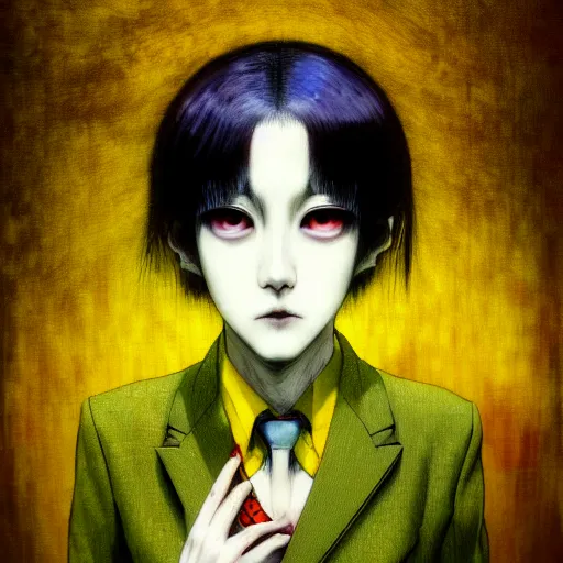 Image similar to yoshitaka amano blurred and dreamy realistic three quarter angle horror portrait of a sinister young woman with short hair and yellow eyes wearing office suit with tie, junji ito abstract patterns in the background, satoshi kon anime, noisy film grain effect, highly detailed, renaissance oil painting, weird portrait angle, blurred lost edges