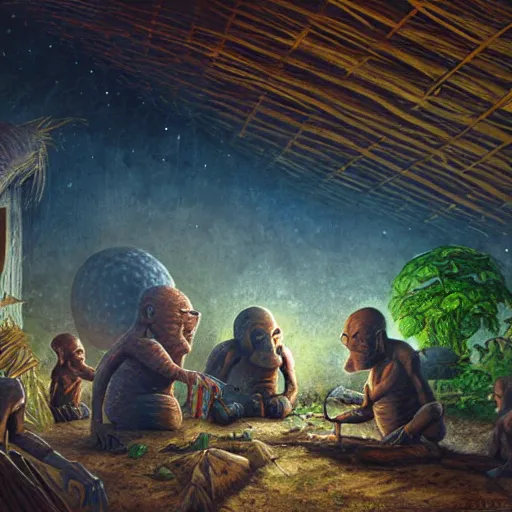 Image similar to primitive extraterrestrial villagers inside primitive hut, dramatic lighting, illustration, ron cobb, mike mignogna, science fiction, detailed painting, high detail, coherent, rough paper