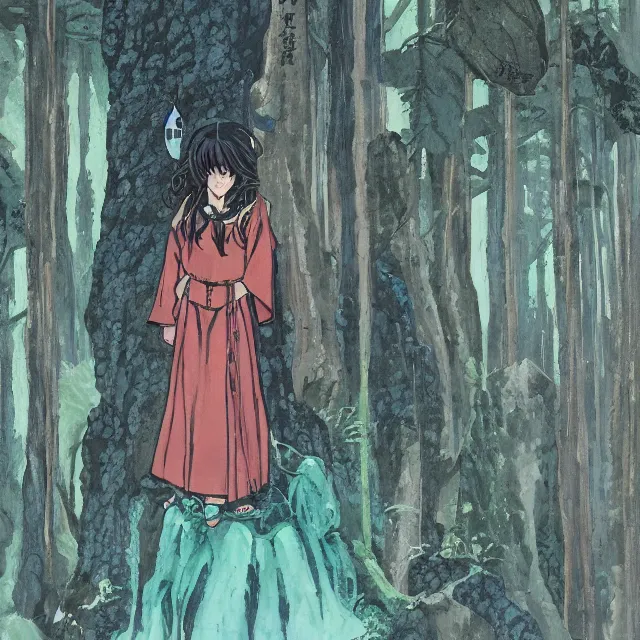 Prompt: the lone priestess of the bluewood valley. this gouache painting by the award - winning mangaka has interesting color contrasts and impeccable lighting.