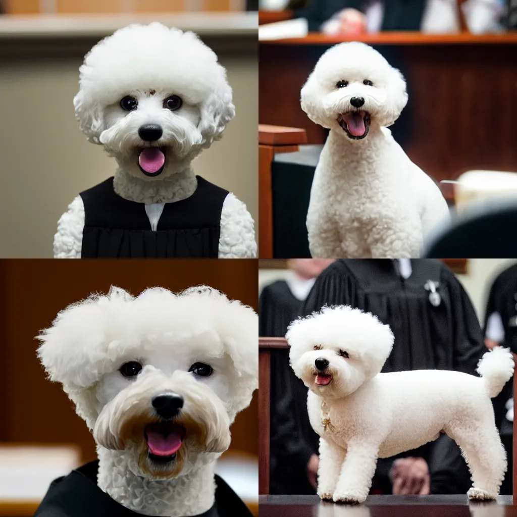 Image similar to a closeup photorealistic photograph of a cute smiling white bichon frise judge wearing a black gown and speaking to the courtroom. this 4 k hd image is trending on artstation, featured on behance, well - rendered, extra crisp, features intricate detail, epic composition and the style of unreal engine.