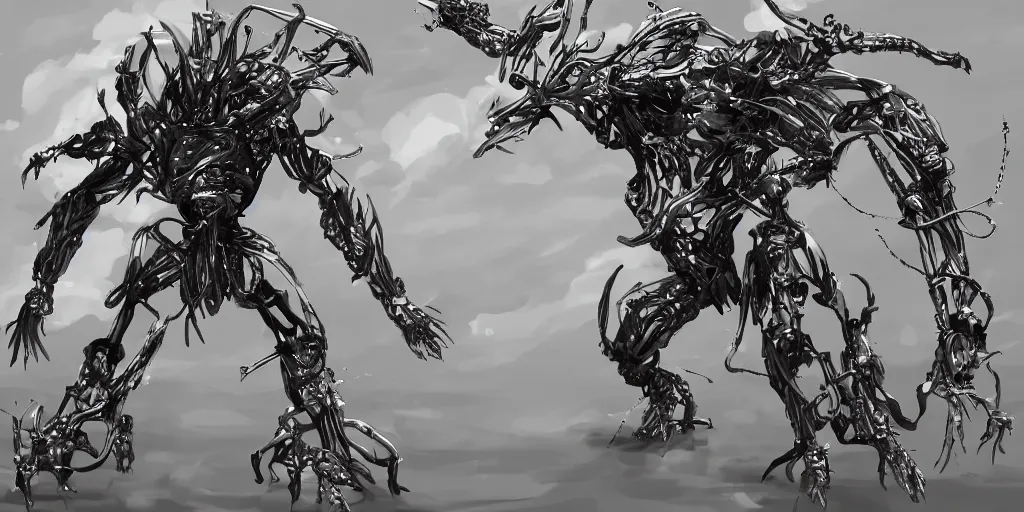 Image similar to sci - fi anime exoskeleton creatures, fighting the ancient tree god, wireframe, cinematic, high fantasy, maximalist, splatter paint, epic