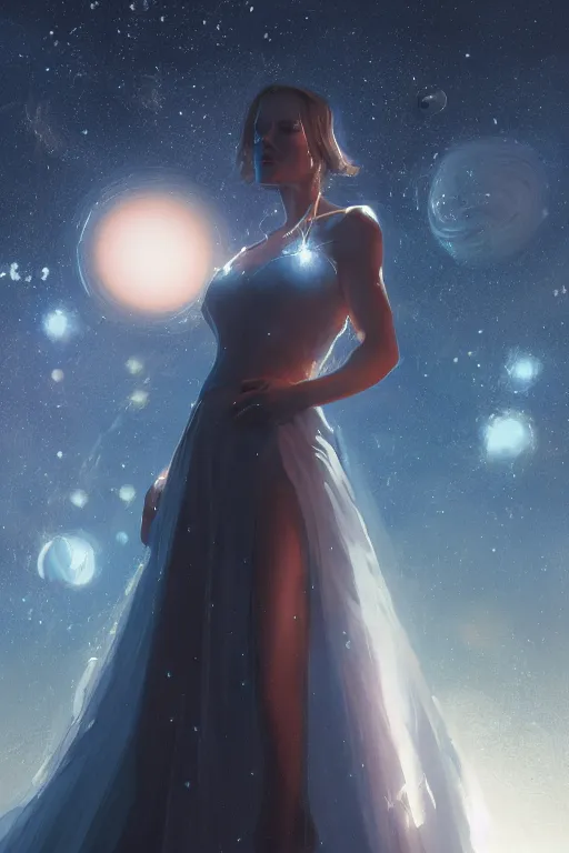 Image similar to a woman, wearing a dress made of stars, rim lighting, dramatic, planets in the background, smooth, sharp focus, very detailed, by greg rutkowski, artstation, tom badshaw, 8 k, symmetrical face