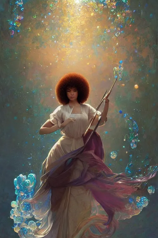 Image similar to bob ross, dreamy and ethereal,, fantasy, intricate, elegant, rainbow bubbles, highly detailed, digital painting, artstation, concept art, smooth, sharp focus, illustration, art by artgerm and greg rutkowski and alphonse mucha