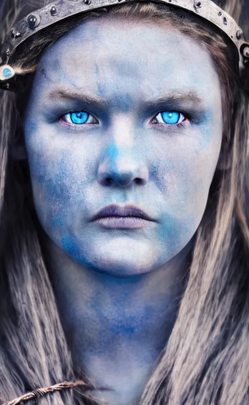 Prompt: photorealistic head and shoulders portrait of female viking warrior with large sad blue eyes, damaged, cinematic, anamorphic