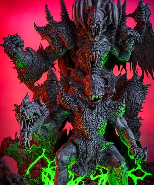 Image similar to a hyperrealistic rendering of an epic boss fight against an ornate supreme dark overlord by art of skinner and richard corben, product photography, mountain nightmare castle playset, collectible action figure, sofubi, neon color