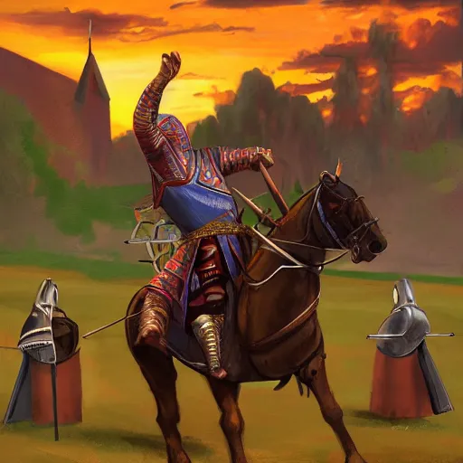 Prompt: medieval jousting tournament featuring saul goodman from breaking bad, photorealistic, trending on artstation, neon colours, over saturated colours,