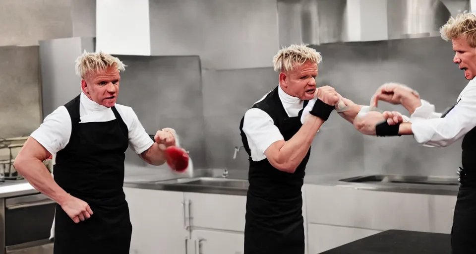 Image similar to photo of angry furious Gordon Ramsay punching Gordon Ramsay at the kitchen