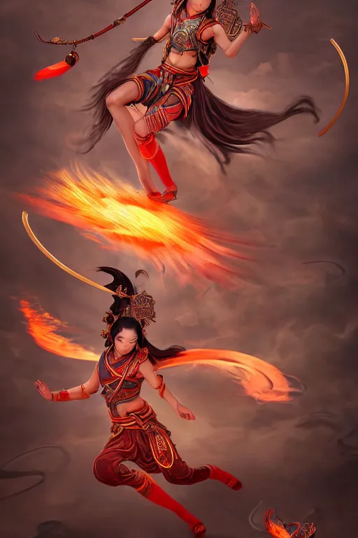 Image similar to nezha flies around swiftly on his wind flame circles in ruin chinese city, masterpiece, chinese mythology, top view, cinematic, fantasy character portrait, highly detailed, by new gods : nezha reborn, nezha : birth of the demon child, ne zha from smite, trending on artstation, concept art, flame everywhere,