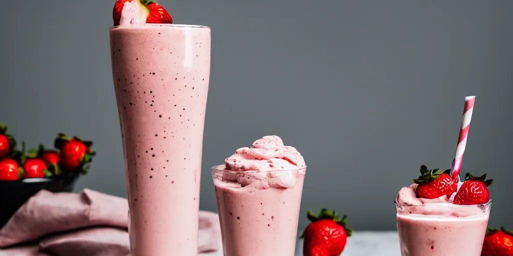 Prompt: strawberry milkshake, bar menu, canon eos r 3, f / 1. 4, iso 2 0 0, 1 / 1 6 0 s, 8 k, raw, unedited, symmetrical balance, in - frame