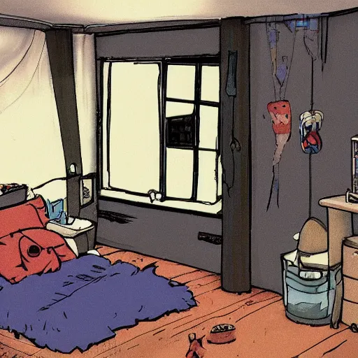 Image similar to a teenage boy's dark and slightly messy bedroom, super detail, studio ghibli