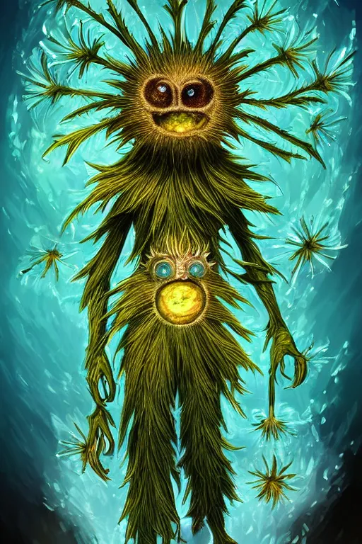 Prompt: a humanoid figure thistle dandelion monster with eyes, radiation glow, highly detailed, digital art, sharp focus, trending on art station, artichoke, anime art style