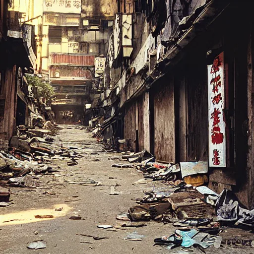 Prompt: wideangle view of an alley in kowloon walled city, dirty, decaying, golden hour, cinestill, art by syd mead