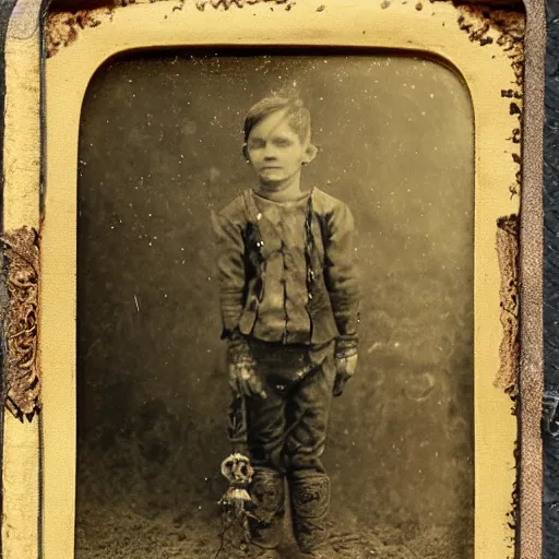 Image similar to tintype photo, boy rides a squid, underwater, jellyfish